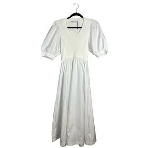 Zara NWOT White Short Puff Sleeve Scoop Neck Midi Fit Flare Dress Size Medium